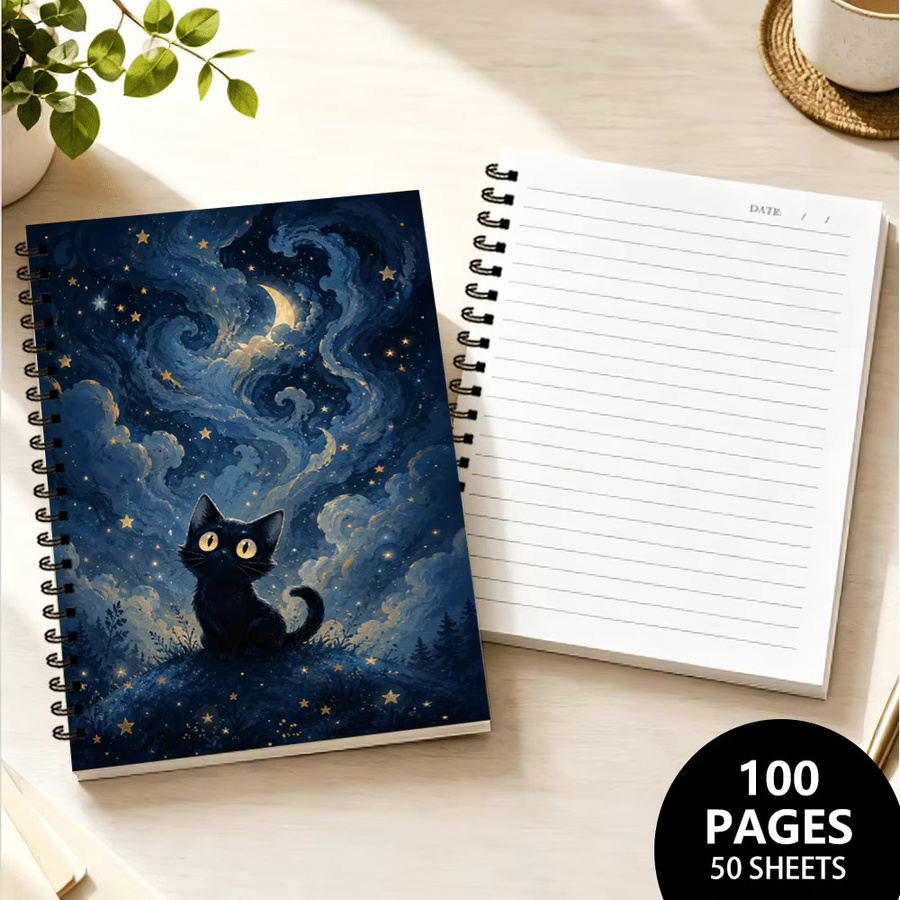 Notizbuch Sternenhimmel Schwarze Katze mit Blanko-Linienblättern, A5, Schwarz und Blau - Bild 4