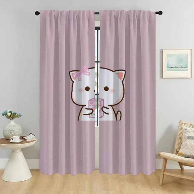 2er-Set Vorhänge mit Mochi Katze Motiv in Pfirsich Pink, halbtransparente Raumteiler für Wohnzimmer und Zimmer, Breite: 50 cm, Höhe: 70 cm pro Paneel - Bild 1