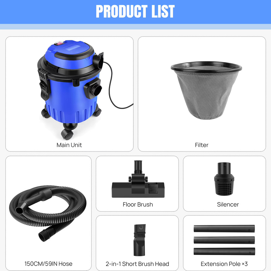 DayPlus Nass- und Trockensauger 15L in Blau mit 1500W Leistung, 19kPa Saugkraft, HEPA-Filter und Gebläsefunktion für Teppich und Hartböden - Bild 6