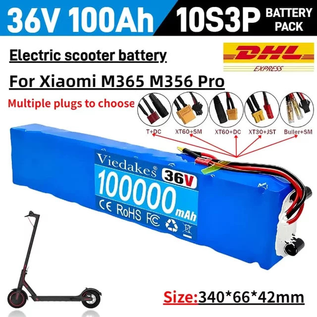 10S3P 100Ah 36V Lithium-Akku 18650 für Xiaomi M365 und Moto Scooter inklusive 42V Ladegerät in Blau - Bild 1