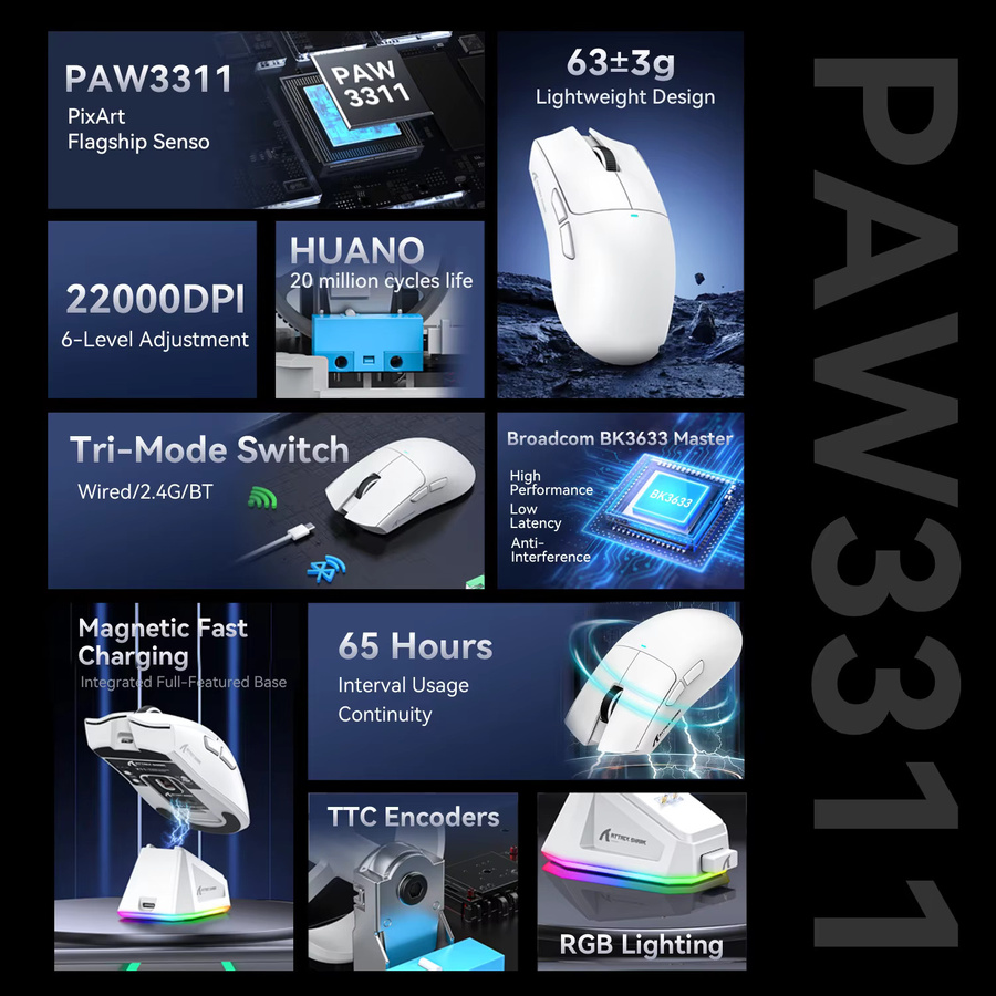 Attack Shark X11 Tri-Mode Gaming-Maus mit magnetischer Ladestation, PixArt PAW3311-Sensor, 22K DPI, Bluetooth, 2,4 GHz und kabelgebunden, für PC und MAC, Weiß/Rot - Bild 2