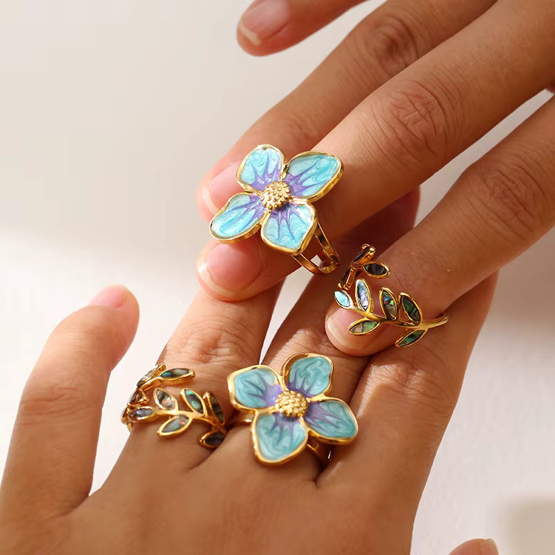 GANEMLY Ring, Edelstahl, Blume Blatt, Gold, Damen - Bild 3