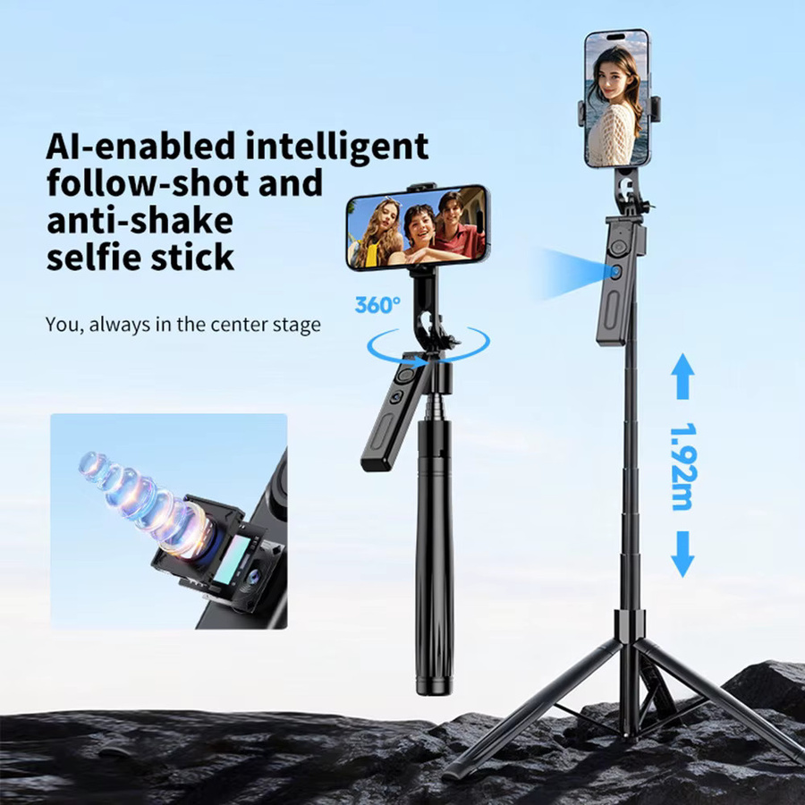 FANGTUOSI Handyhalterung mit KI-Gesichtserkennung und Fernbedienung, 360 Grad rotierendes Stativ und Selfie-Stick in Schwarz - Bild 5
