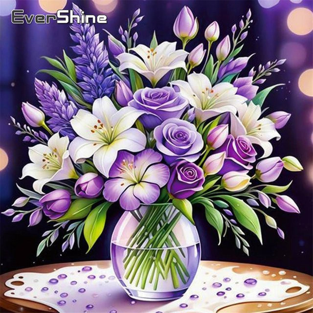 Evershine Diamant-Stickerei Blumenbild mit Rose und Lilie in Violett, 5D Mosaik-Gemälde mit runden Strasssteinen - Bild 1