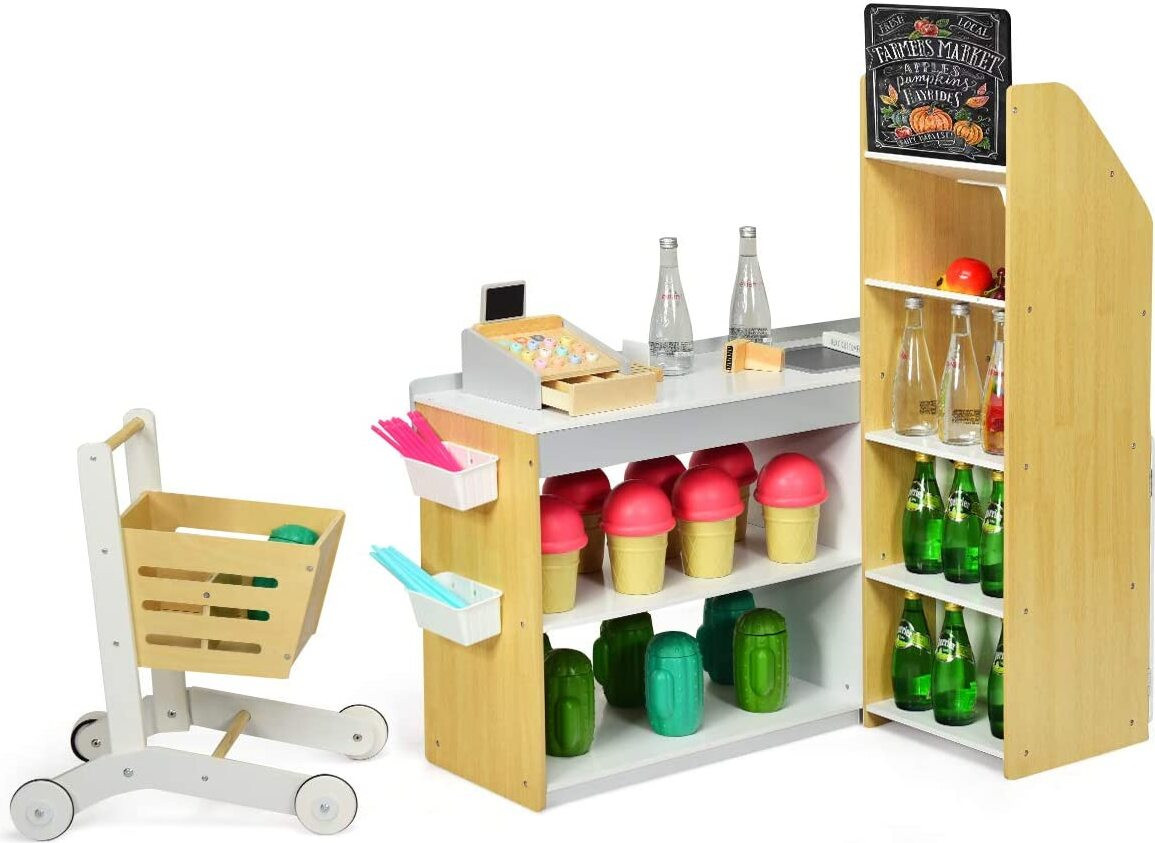 KOMFOTTEU Kaufladen mit Einkaufswagen, Supermarkt aus Holz - Bild 1