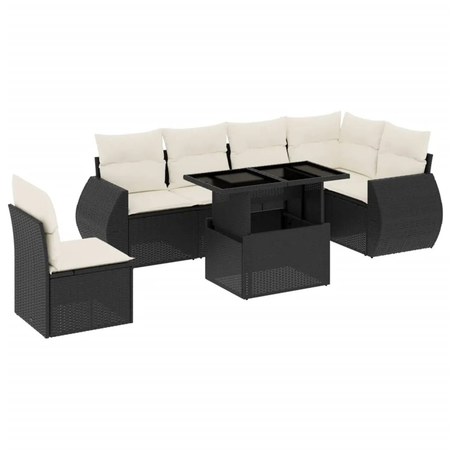 vidaXL 7-teilige Garten-Sofagarnitur in L-Form aus Poly-Rattan und pulverbeschichtetem Stahl mit Kissen in Schwarz-Creme - Bild 2