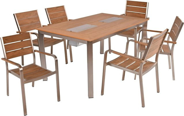 DELUKE Gartenmöbel Set FRANK 7-teilige Gartengarnitur in Braun mit Esstisch und Stapelstühlen aus Kunststoff und Aluminium - Bild 1