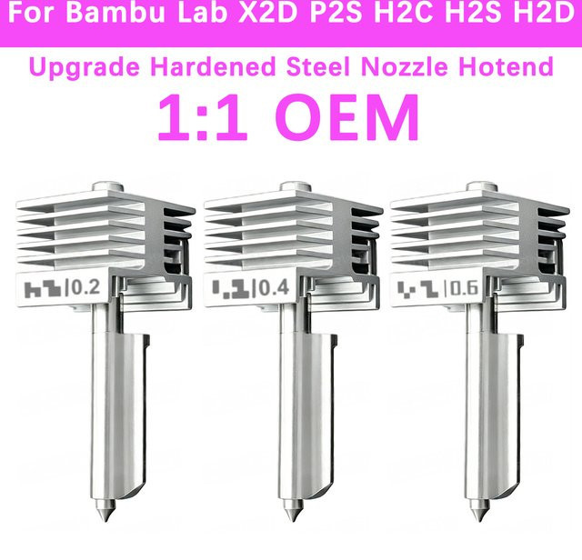 X2D P2S All-in-One Hotend-Kit für Bambu Lab H2C H2S H2D mit gehärteter Stahldüse in den Größen 0.2 mm, 0.4 mm, 0.6 mm und 0.8 mm, Farbe: Silber - Bild 1