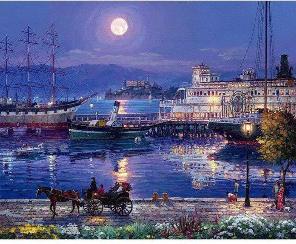 FIYO Diamantgemälde Stadtnacht Landschaft in Blau, Rundes Diamond Painting Set für die Heimdekoration, B/H: 20 x 30 cm - Bild 1