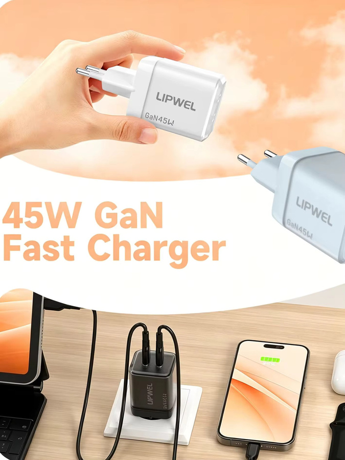 45 W GaN Schnellladegerät mit Dual USB-C Port, Wandladegerät mit EU-Stecker in Blau für Smartphones und Tablets - Bild 3