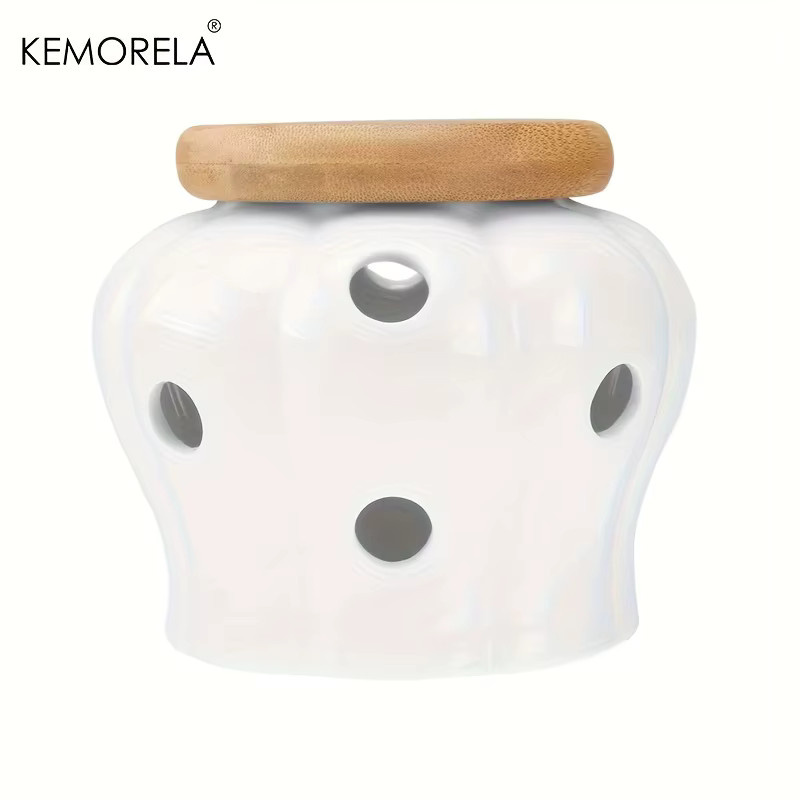 KEMORELA Keramikgefäß in Weiß mit Bambusdeckel zur Aufbewahrung von Knoblauch und Ingwer mit belüftetem Design - Bild 5