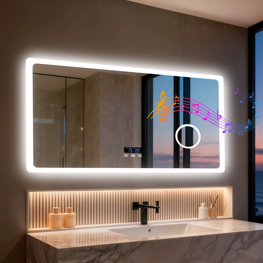 LED-Bluetooth-Badezimmerspiegel mit Antibeschlag und 3-Farben-Speicherlicht, rechteckig, Weiß - Bild 3