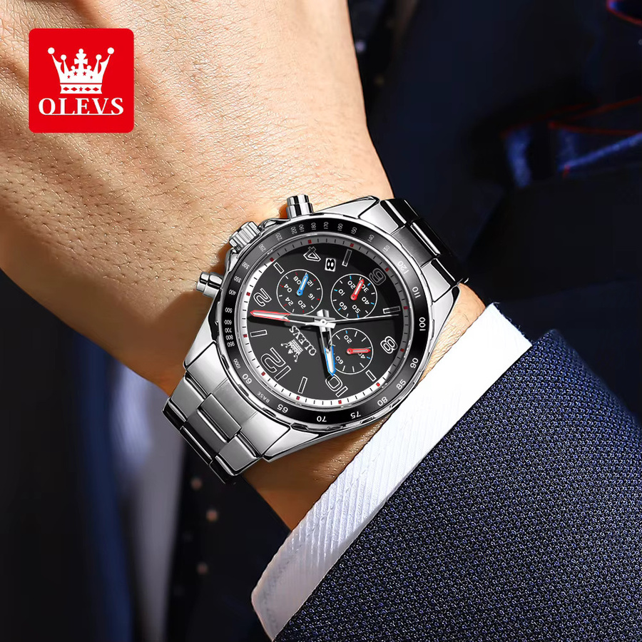 Olevs Chronograph, Quarz, Edelstahl, 42 mm, Herren, Schwarz - Bild 3
