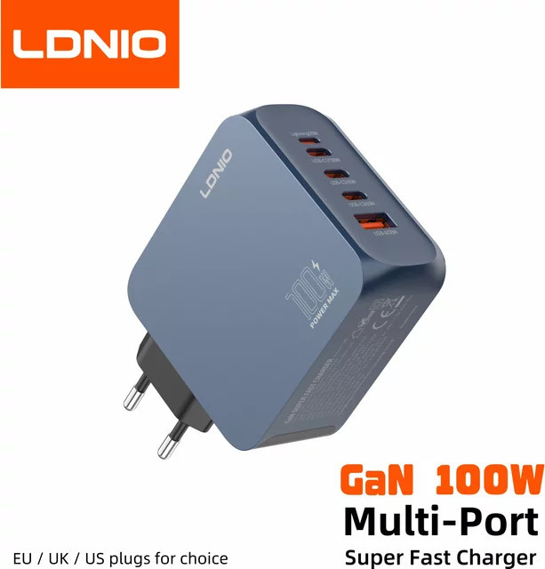 LDNIO Gan 100 W Schnellladegerät mit USB-C Multi-Port Schnellladestation in Blau für MacBook, iPhone und Xiaomi - Bild 1