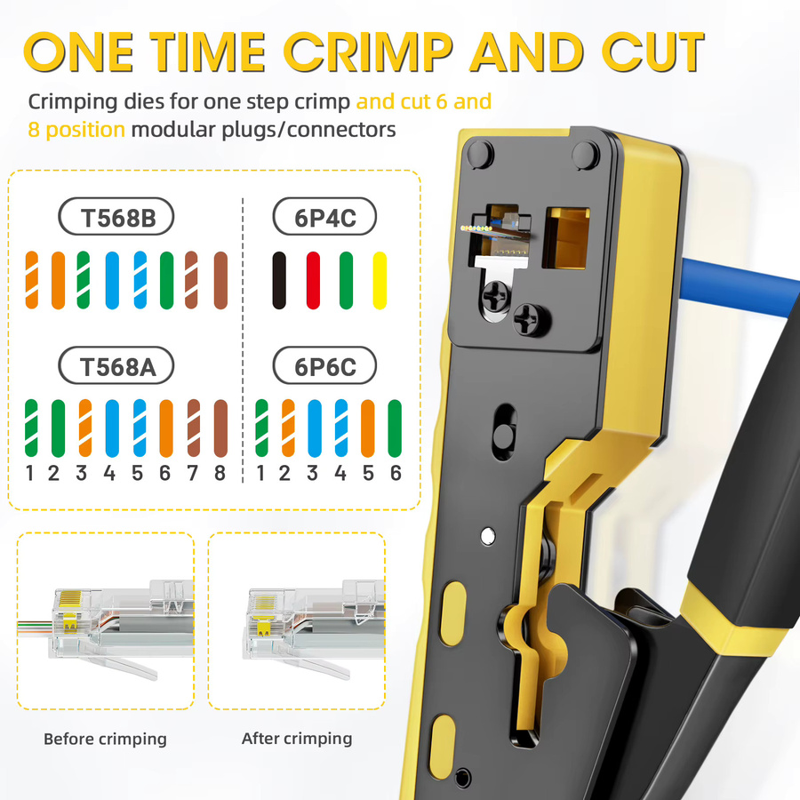 ZoeRax RJ45 Pass Through Ethernet Crimpzange für Cat6 Cat5 Cat5e in Gelb mit Ersatzklinge - Bild 3