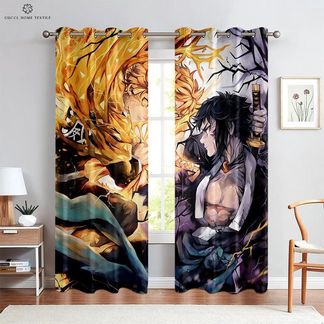 Yiran Furniture Vorhänge mit japanischen Cartoon-Prints für Kinder, 2er-Set, halbtransparent, Mehrfarbig, Breite: 120 cm, Höhe: 270 cm - Bild 1