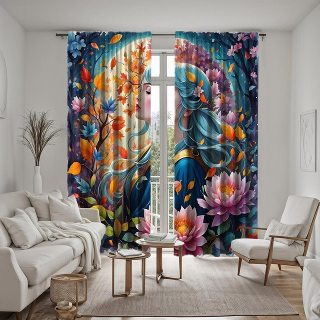 2er-Set Dschungelblumen-Fee Dekovorhang mit digitalem Blumendruck in Grau, B: 132 cm, H: 160 cm - Bild 1