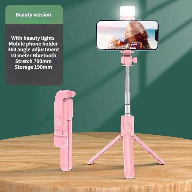 Drahtloser Selfie-Stick-Stativständer mit Bluetooth-Fernbedienung in Pink für iPhone und Smartphone zum Live-Streaming und für TikTok - Bild 1