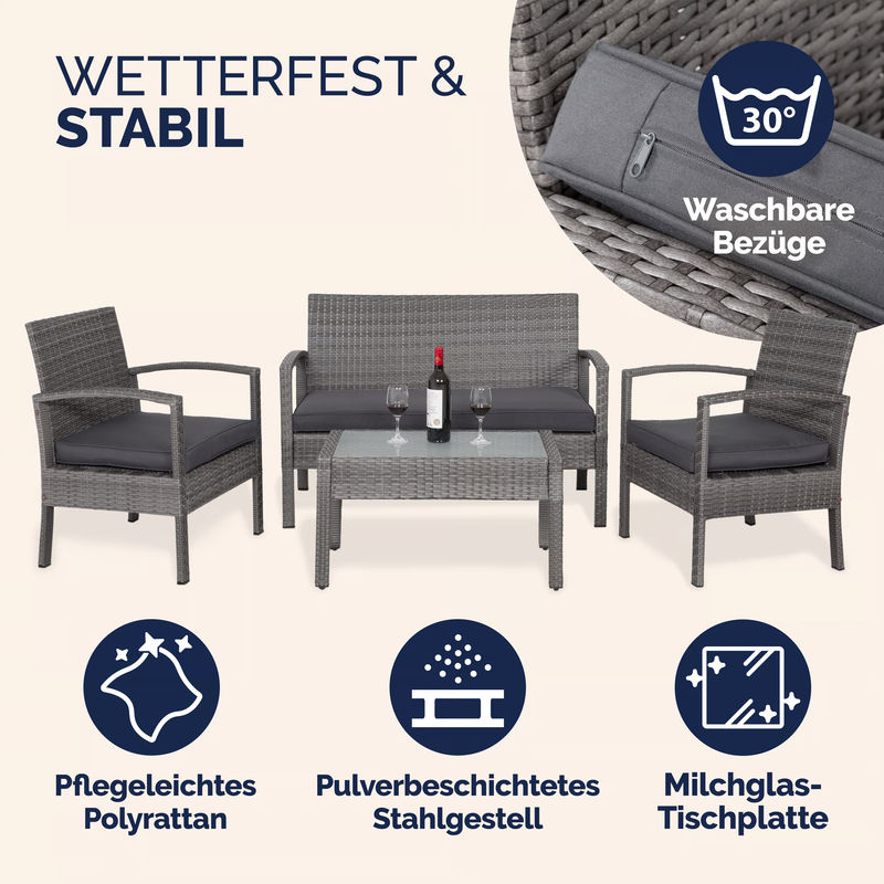 CASARIA Polyrattan Garten-Sitzgruppe 4-teilig in Grau/Anthrazit mit Tisch, Bank und Stühlen - Bild 3