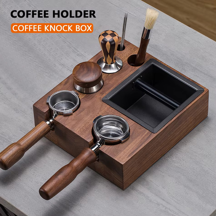 EDLEXKAFFEE Kaffee Tamper Station aus Holz in Braun mit Knock Box und Portafilter Halter für 51mm, 54mm und 58mm - Bild 1