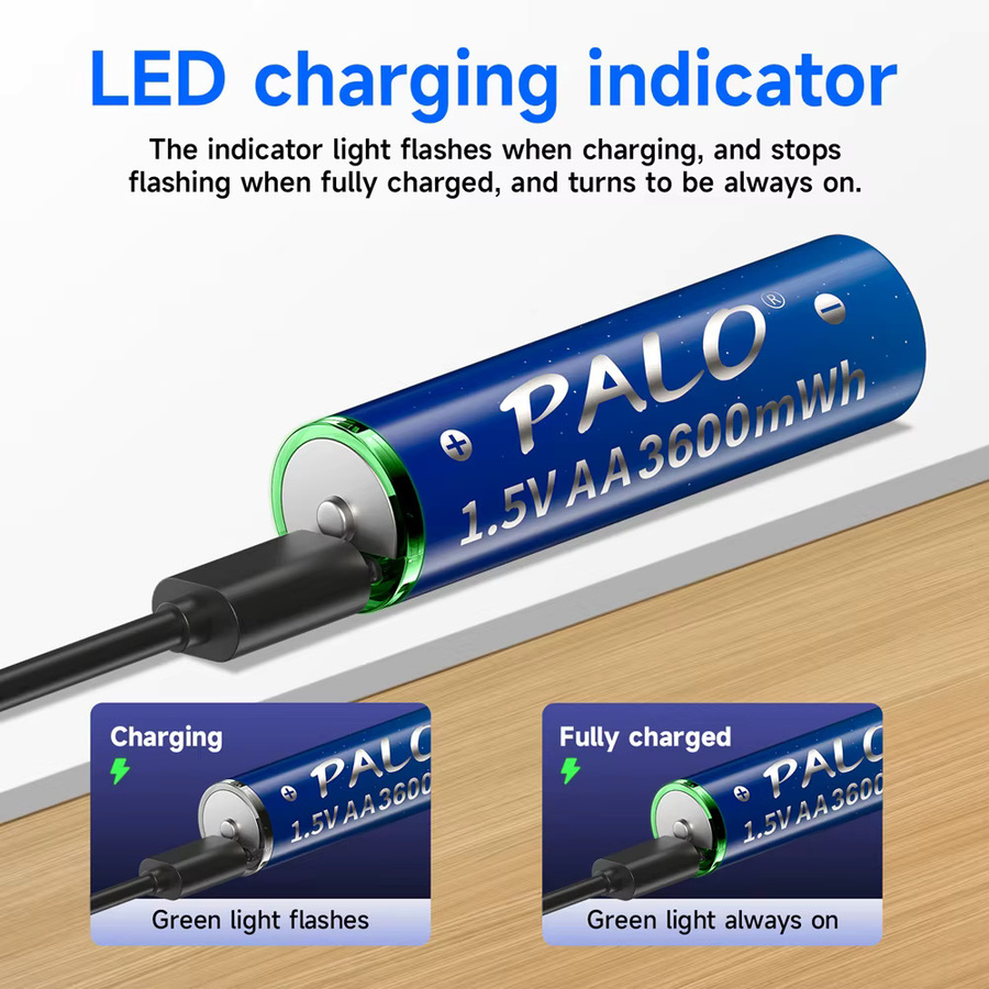 PALO AA Lithium-Ionen-Akku 1,5 V mit USB-Anschluss, 3600 mWh, wiederaufladbare LR6 Akkus in Blau - Bild 2
