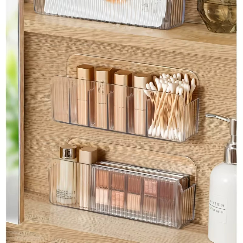 Transparente Wandmontierte Aufbewahrungsbox aus Kunststoff mit Mehreren Fächern zur Selbstklebenden Wandmontage für Kosmetik, Handy und Fernbedienung - Bild 2