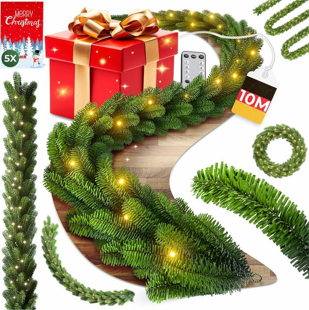 KESSER Weihnachtsgirlande mit LED in Naturgrün, warmweißes Licht, IP44 wetterfest, mit Fernbedienung für Indoor und Outdoor - Bild 1