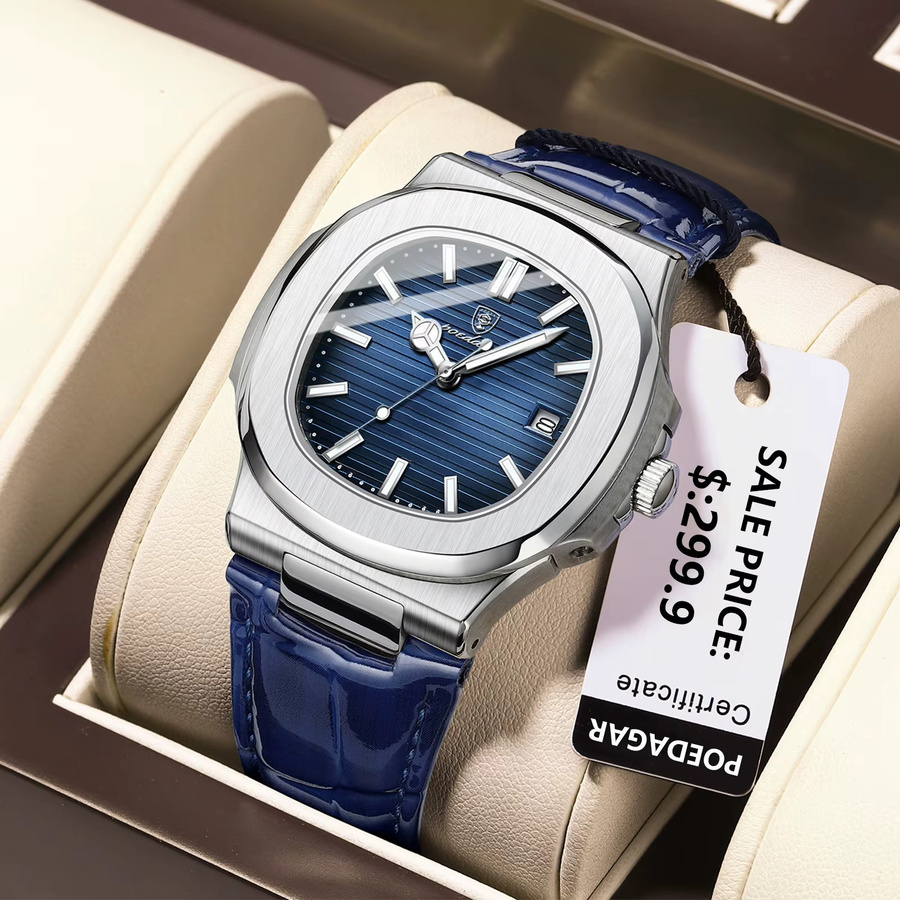 POEDAGAR Armbanduhr, Quarz, Leder, Blau, Herren - Bild 2