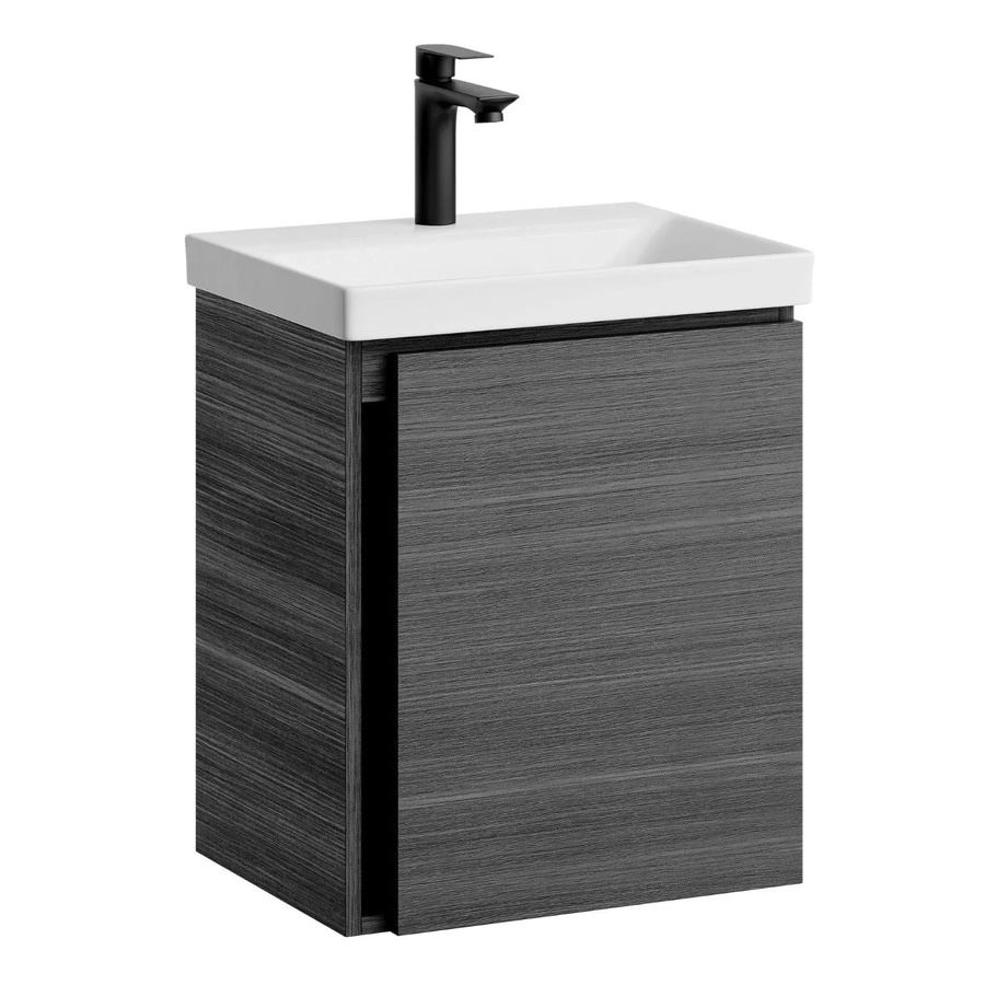 Planetmöbel Waschtischunterschrank Anthrazit mit Keramikwaschbecken und Armatur in Schwarz, modern und wandmontiert, Breite: 50 cm - Bild 2