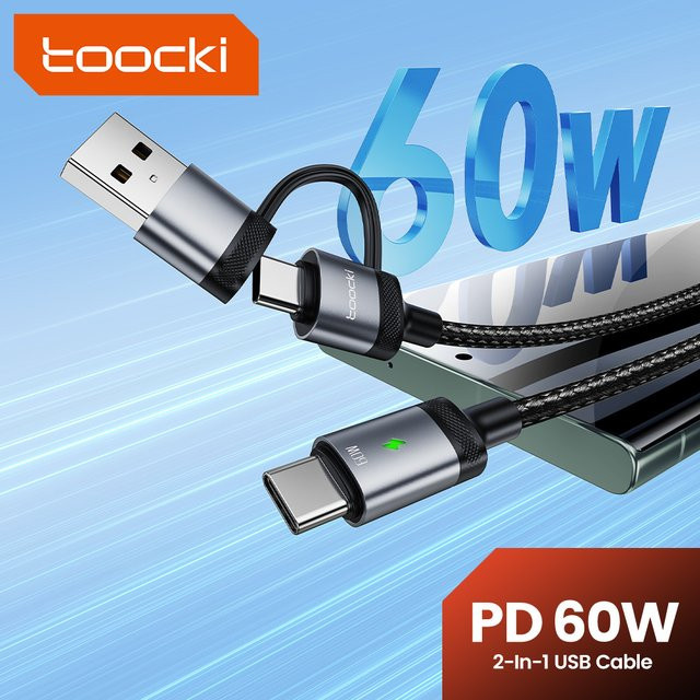 Toocki 2-in-1 USB-C auf USB-C Schnellladekabel mit 60 W PD für iPhone 15 14 Pro Max, Xiaomi 13 12 und Samsung S23 in Schwarz oder Grau - Bild 1