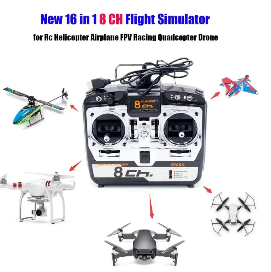 16 in 1 8ch Flugsimulator für RC Hubschrauber, Flugzeuge, FPV Racing Quadcopter und Drohnen, Modell jtl0908a, Modus 1, Schwarz - Bild 2
