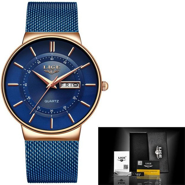 LIGE Armbanduhr, Quarz, Edelstahl, Blau, Gold, 42 mm, Unisex - Bild 1