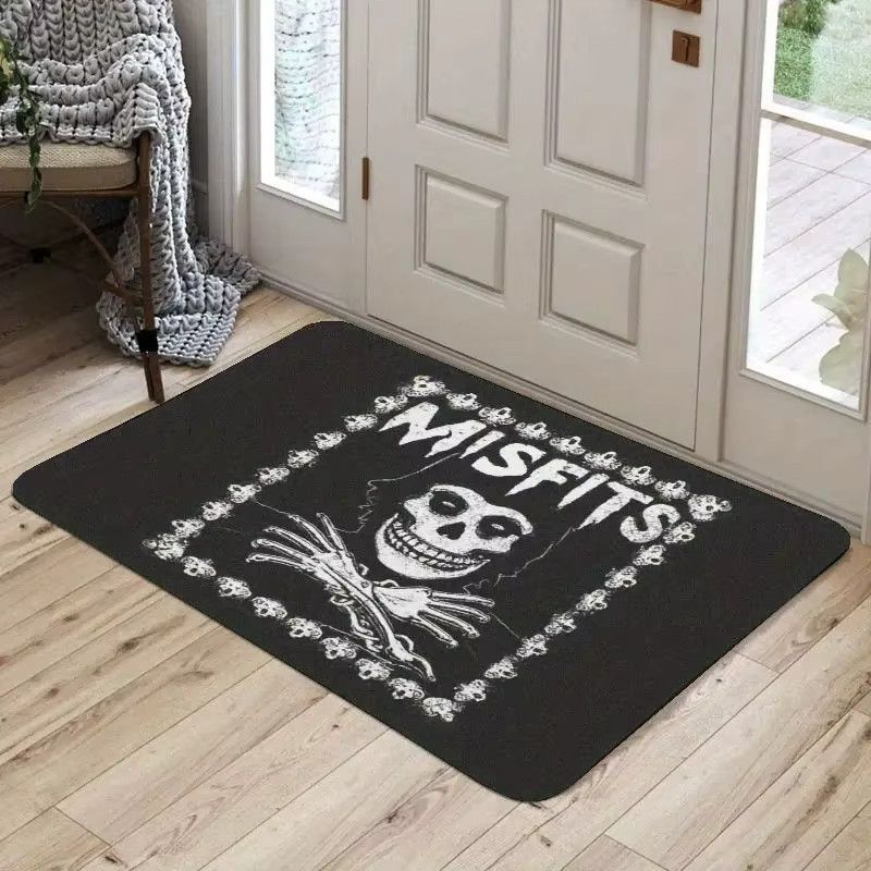 VIKAMA Horror Skelett Teppich in Schwarz im Gothic-Stil als rutschfeste Badezimmer-Fußmatte für deine Halloween-Dekoration - Bild 2