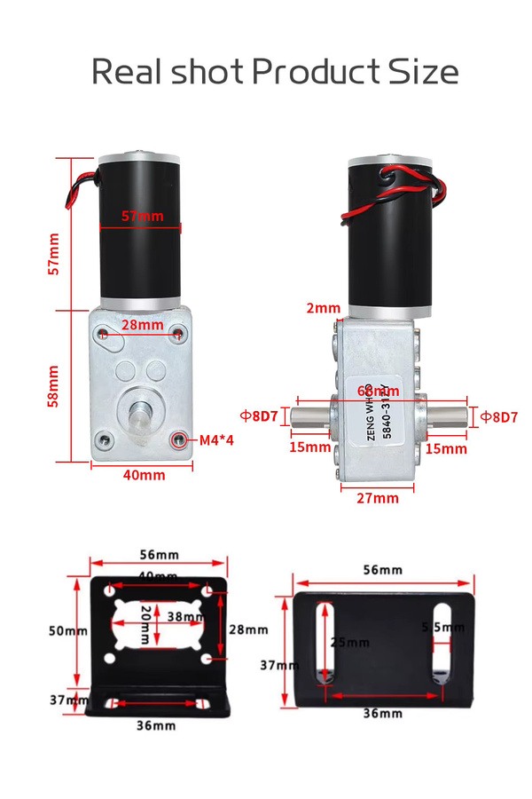 ZENG WHCD 5840-31ZY DC-Bürstenmotor mit Schneckengetriebe, 12 V/24 V, bidirektionale Ausgangswelle, hohes Drehmoment, 7 U/min bis 470 U/min - Bild 2