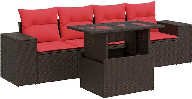 vidaXL 5-teilige Garten-Sofagarnitur in L-Form aus braunem Polyrattan und Akazie mit Tisch und Polsterkissen - Bild 1