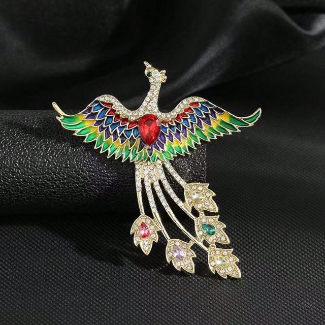 Phoenix Brosche, Vintage, mehrfarbige Emaille, Damen, Gold, Kristall - Bild 1