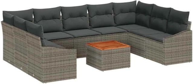 vidaXL Garten-Sofa-Set aus Poly Rattan in Grau mit Kissen und Tisch, 10-teiliges U-Shape Lounge-Set mit pulverbeschichtetem Stahlgestell - Bild 1