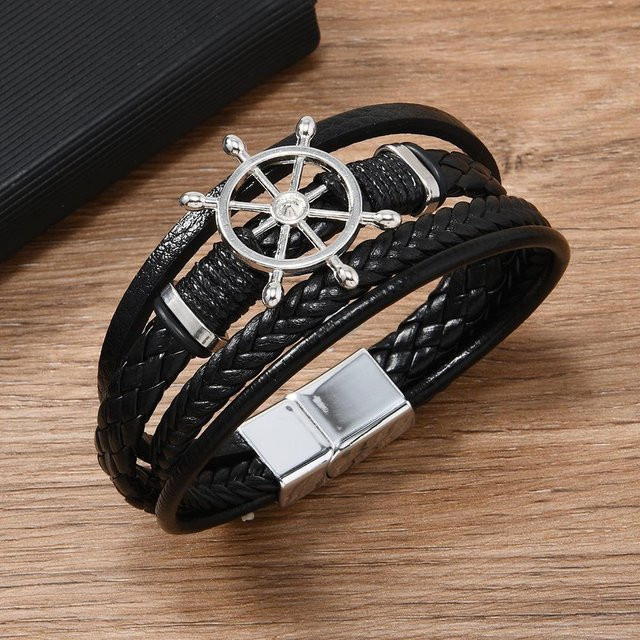 Lederarmband Herren, Zinklegierung, Schiffsrad, schwarz, Vintage - Bild 1