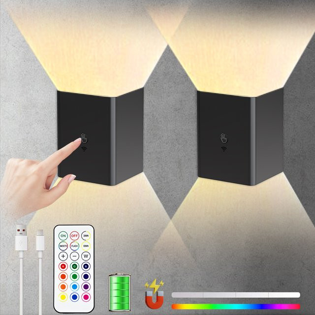 Dimmbare RGB LED Wandleuchte mit Fernbedienung und Akku, Schwarz, Up-Down Lichtdesign - Bild 1