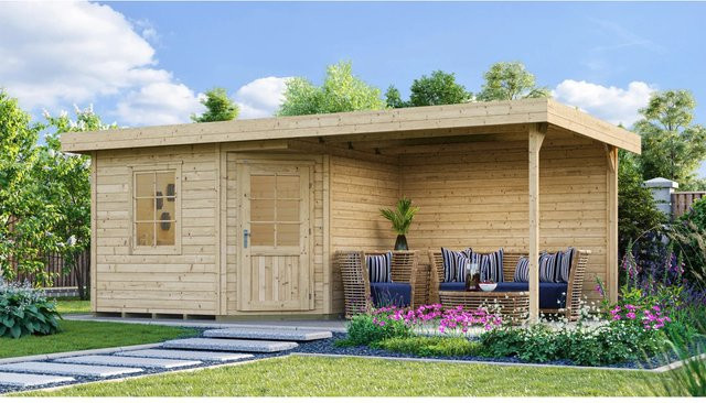 WEKA Gartenhaus 213 Plus Gr.2 B aus europäischer Fichte mit Flachdach und Vordach in Beige, B/T: 645 x 298 cm - Bild 1