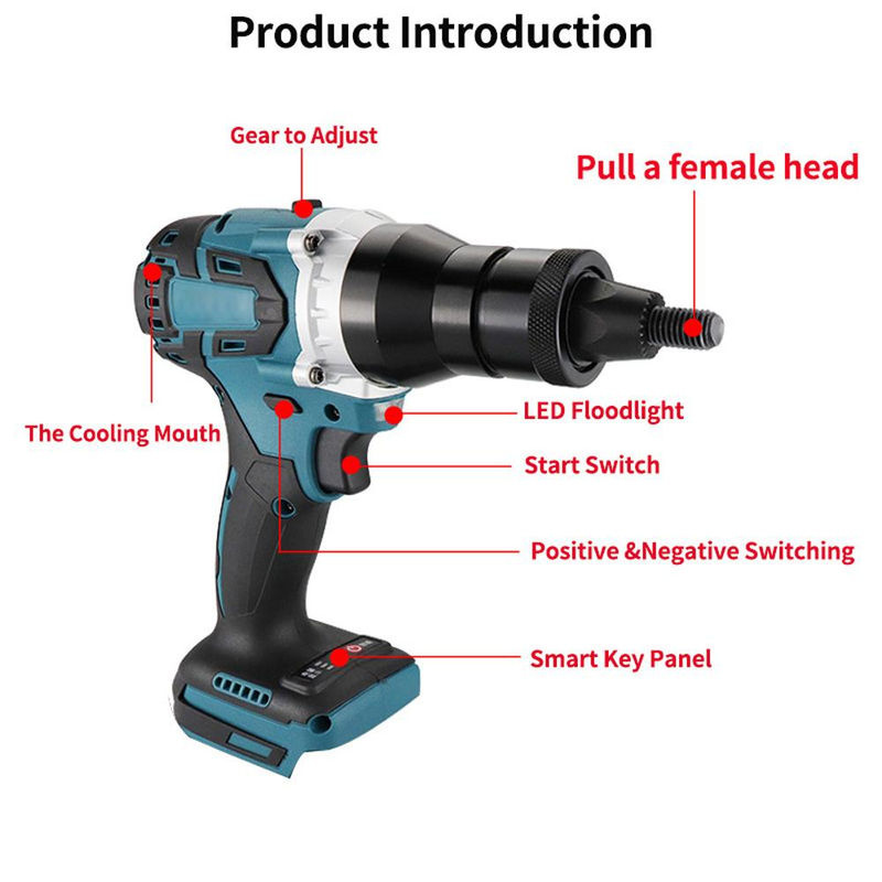 Aimo Bürstenloses elektrisches Nietmuttern-Maschinen-Set in Blau/Multicolor mit M4 M5 M6 Nietwerkzeug aus Metall - Bild 3