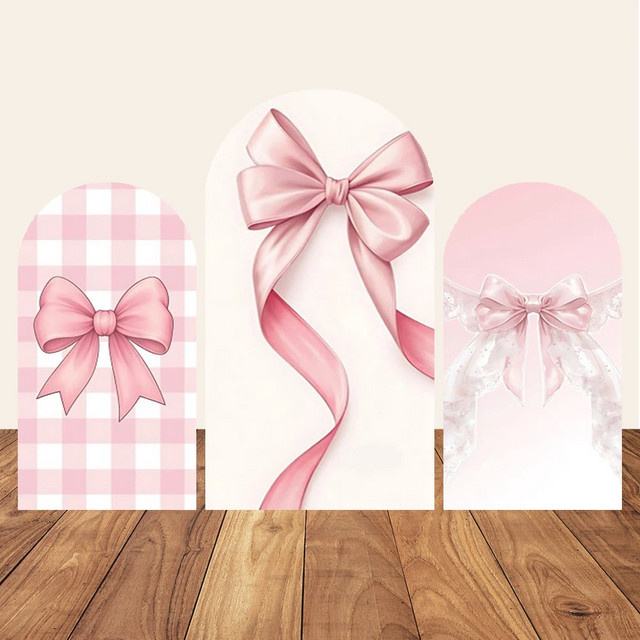 VIKAMA gewölbter Stretch-Hintergrund mit rosa Schleife und Blumenmuster für Babyparty oder Geburtstagsfeier, Farbe: Pink, B/H: 150 x 65 cm - Bild 1