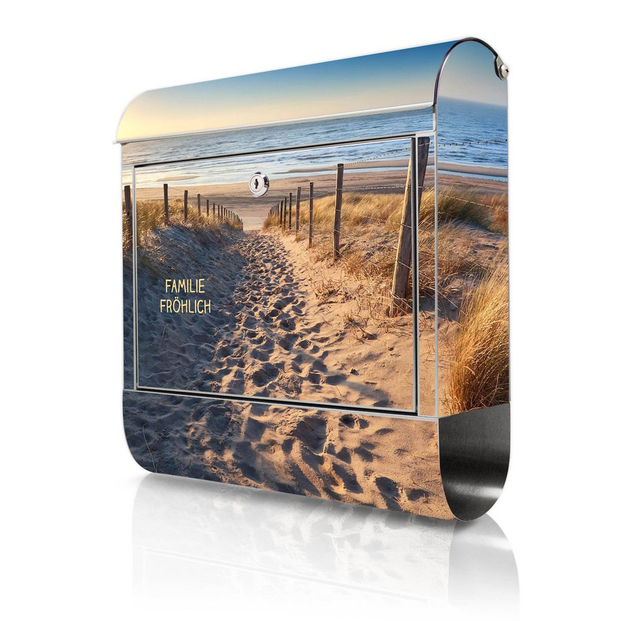 banjado Edelstahl Briefkasten mit Zeitungsfach, personalisiert mit Motiv Nordseestrand, bunt, B/H/T: 38 x 43 x 12,5 cm - Bild 1