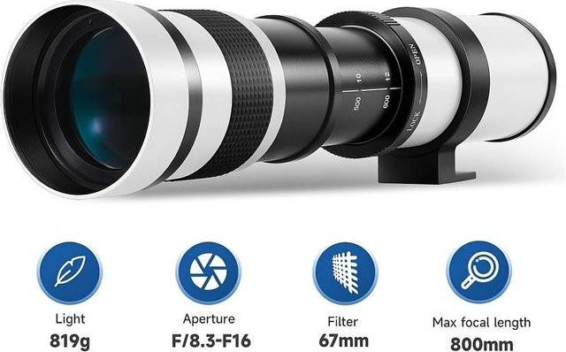 LIGINN Super-Teleobjektiv 420-800mm F/8.3-16 für Canon, Nikon und Sony, manuelles Teleobjektiv in Weiß - Bild 1