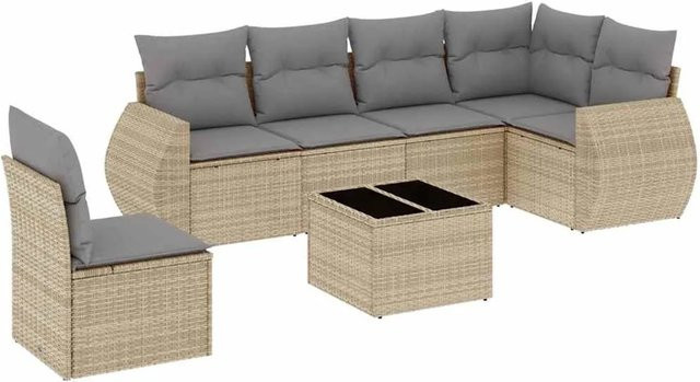vidaXL 7-teilige Garten-Sofagarnitur aus Poly-Rattan in Beige mit Kissen aus Polyester - Bild 1