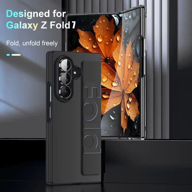Stoßfeste Samsung Z Fold 7 6 5 4 3 Handyhülle mit Handgelenkschlaufenhalterung und Bildschirmfolie in Schwarz - Bild 1
