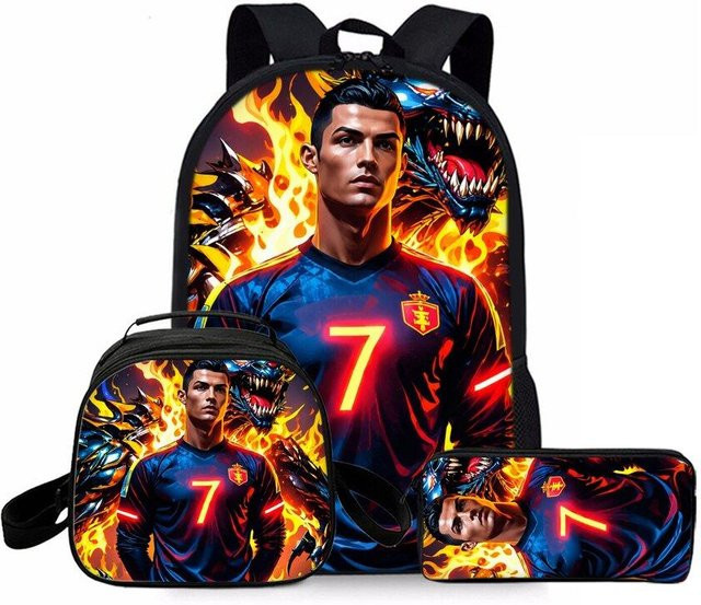 VINKA 3er Set Schulranzen Zubehör mit Fußball-Aufdruck bestehend aus wasserdichtem Schulrucksack, runder Brotdose und Federmäppchen in Multicolour für Kinder - Bild 1