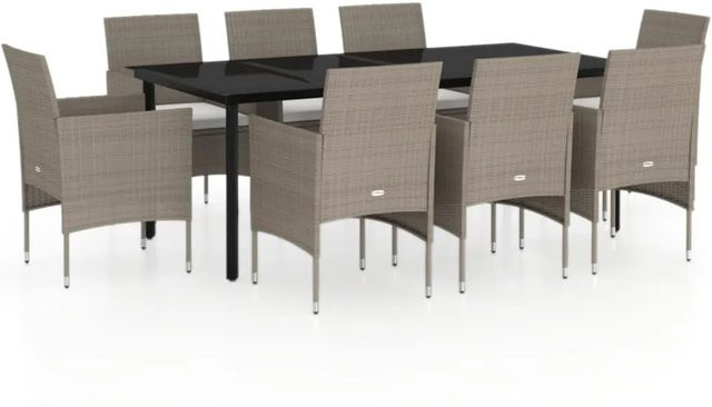 vidaXL 9-teilige Garten-Essgruppe aus PE-Rattan und pulverbeschichtetem Stahl mit Glasplatte und Kissen in Beige und Schwarz - Bild 1