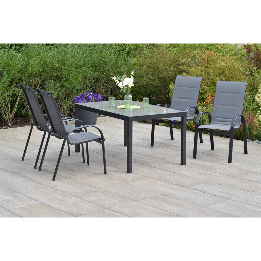 Merxx Gartenmöbelset Amalfi 5-teilig aus Aluminium und Textil in Grau mit Tisch und stapelbaren Sesseln, Tisch Maße B: 150 cm, T: 90 cm, H: 76 cm - Bild 2
