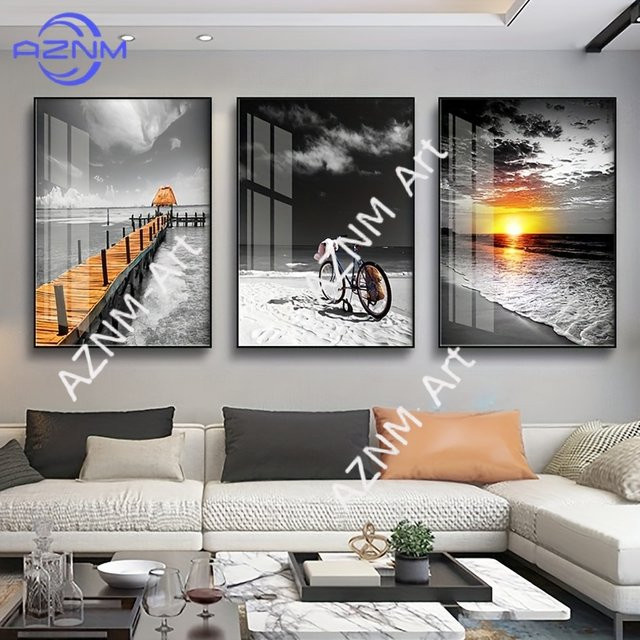 3-teiliges Set AZNM Leinwandbilder Strand-Sonnenaufgang in Schwarz-Weiß und Multicolour, moderne Landschaftsmotive für deine Wandgestaltung im Wohnzimmer oder Schlafzimmer - Bild 1